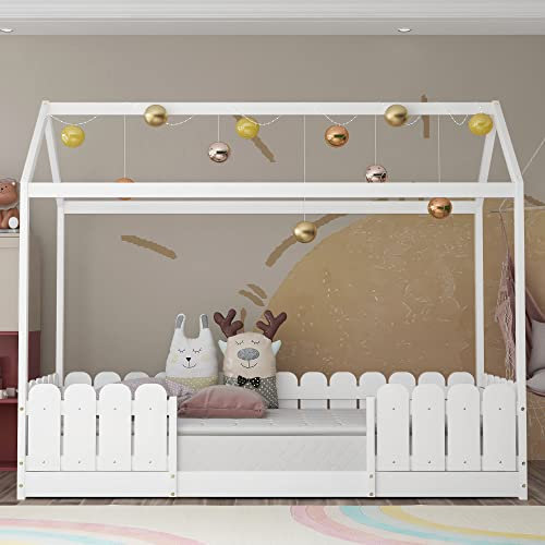 Kayan Hausbett 90x200 cm - vielseitiges Holz Kinderbett für Jungen & Mädchen - Mit Rausfallschutz und Lattenrost (Weiß)