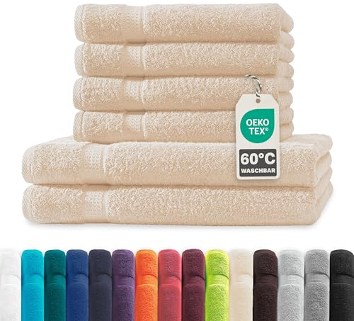 Müskaan® 6er Handtuch Set Beige, 100% Baumwolle, 500g/m² – 2X Duschtuch 70x140cm & 4X Handtuch 50x100cm – Öko-Tex, Frottee Handtücher Set Baumwolle, Handtuchset Beige, 60°C waschbar, Frotteetücher