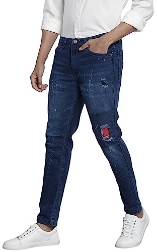 The Indian Garage Co Mens Carrot Fit Solid Mid Rise Stretch Jeans, Sky blue, 36