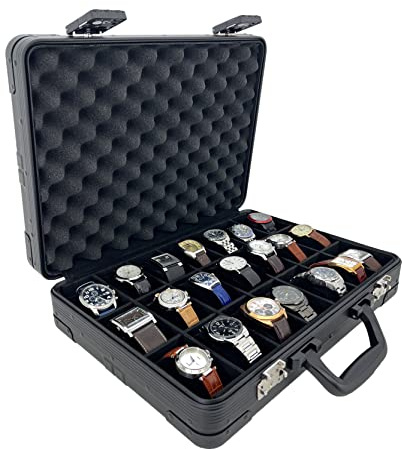 Techswiss Caja de reloj de aluminio con 21 ranuras, maletín extra grande negro con cerradura TSA resistente para viajes