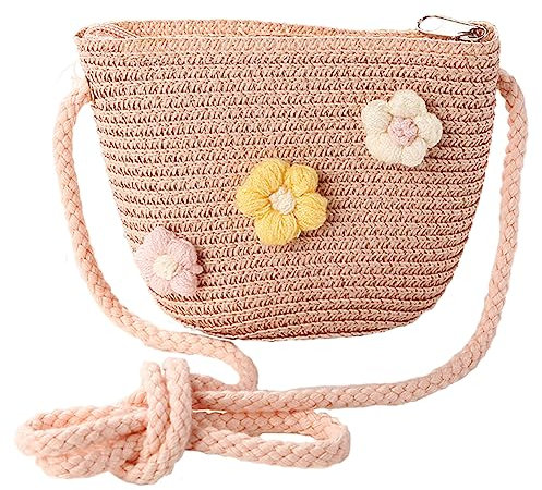 JAHEMU Mädchentaschen Blumen Stroh Tasche mit Reißverschluss Strohtasche Crossbody bag Stroh Umhängetasche für den Urlaub Reise Outdoor Aktivitäten