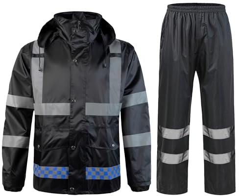 Yukirtiq Homme 2 Pièces Combinaison de Pluie Imperméable à Capuche Haute Visibilité Vetement de Travail Homme Ensemble Pantalon de Pluie et Veste Coupe-Vent, Noir, M