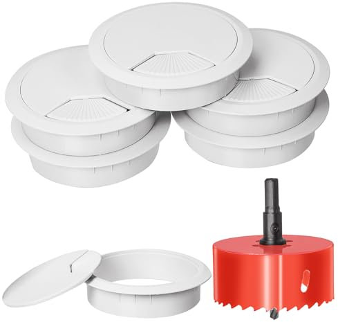 Swpeet 6Pcs White Desk Cable Wire Grommet Cord with Hole Saw, Tidy Cable Hole Cover Organizers, Desk Wire Cord Cable Grommets Hole Cover, 1Pcs 3.15Inch_80mm Tools Hole Saw with Arbor for Office Desk