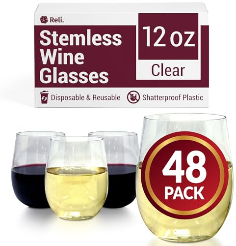 Reli. Disposable Wine Glasses (48 Pack, 12oz) Plastic Stemless Wine Glasses Disposable | Clear and Stemless for Parties, Cocktails, Whiskey, Weddings | Shatterproof