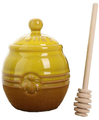 Ieron Honey Pot with Lid and Wooden Dipper, 10oz Vintage Ceramic Small Porcelain Honey Jar Storage Container for Home Kitchen Honey Syrup Jam Jelly
