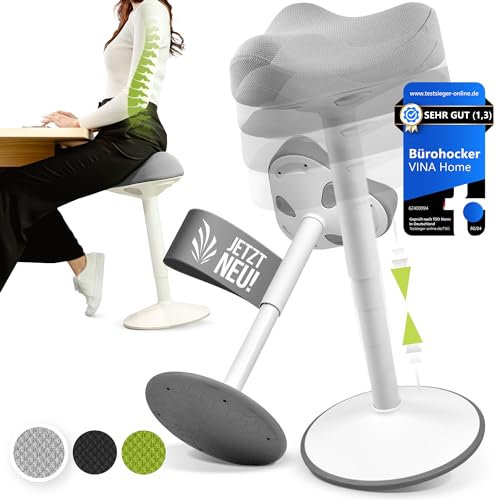 Vina Home® SH-01 Bürohocker Ergonomisch [IGR Zertifiziert] | Sitzhocker ergonomisch höhenverstellbar [58-83 cm]| Ergonomischer Hocker für Arbeit & Freizeit | Schwingeffekt [rutschfest] (Hellgrau)