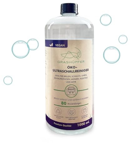 Grashüpfer® Eco Limpiador Ultrasónico Concentrado | Concentrado de 1 litro para hasta 100 litros I Limpia gafas, joyas, dentaduras postizas y piezas pequeñas I Compatible con todos los dispositivos de