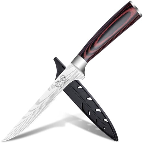 XYJ Coltello da cucina, acciaio inossidabile, coltello da sbone da 5,5 pollici, modello Damascus a laser, lama affilata come rasoio, coltello per filettare pesce e scolpire con fodero