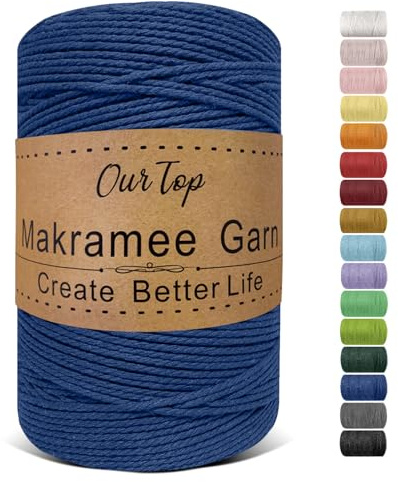 OurTop Premium makramégarn havsblå, 2 mm x 500 m, makramérep, garn för gör-det-själv-hantverk, vävning, dekoration, hängande växt växthängare