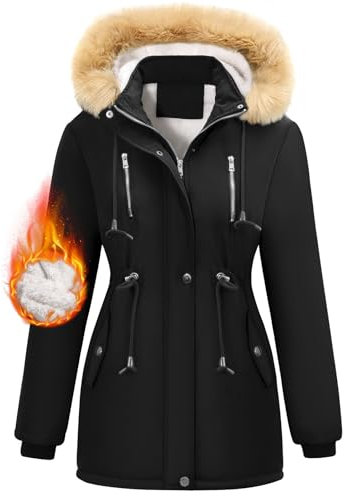 Nadeer Abrigos de Mujer Parka Invierno Cremallera Chaqueta con Capucha de Piel Sintética Cálido Forro Polar Sudadera con Bolsillos(Negro,S)