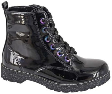 Cipriata Girls Adria Military/Combat Ankle Boots With Lace And Zip Fastening Patent Black