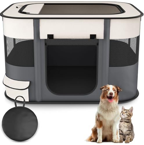 Floving Portable Doghouse Pet fence 80x60x55cm Foldable Pet playpen Rectangle Delivery Room Cat den Cat hut Puppy house Kennel Closed Pets Tent with carry bag (Gray)