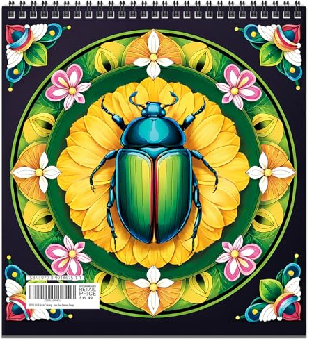 FUNLAVIE Adult Colouring Book Mandala Insect Colouring Books for Adults Relaxation and Teens Stress Relief, Spiral Bound Book for Women, Mindfulness Patterns in Mandala Style - Insect & Bloom