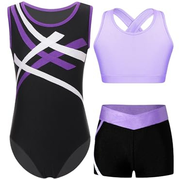 Yruioon 3 Stück Mädchen Turnanzug Ärmellos Gymnastikanzug Streifen Gymnastik Leotard A Lila 122-128