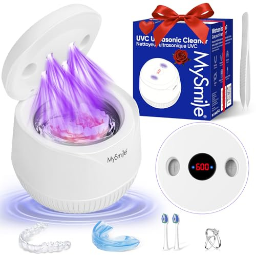 MySmile Limpiador ultrasónico de retención - Máquina limpiadora de dentaduras postizas de 45 kHz con capacidad de 200ml para alineador, protector bucal (blanco)