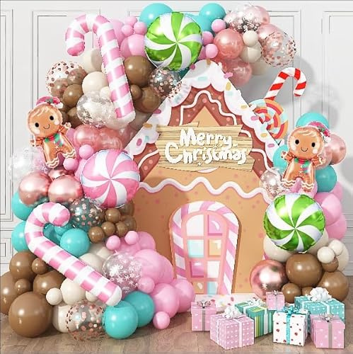 Kit per arco di palloncini natalizi rosa, 117 pezzi, decorazioni natalizie, ghirlanda di palloncini, rosa chiaro, marrone, foglia di tè, blu e bianco, palloncini in lattice per Capodanno e vacanze