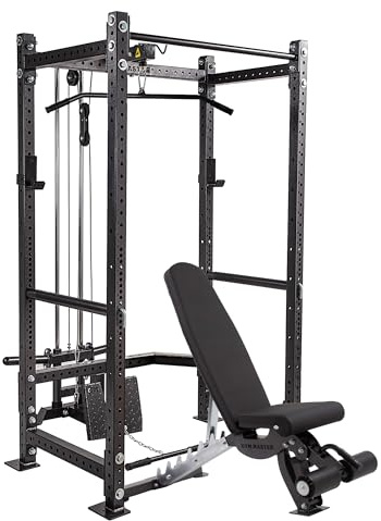 GYM MASTER GM3 Power Rack Squat Cage with Dual Cable System and Bench - Power Rack: H206CM, D60cm