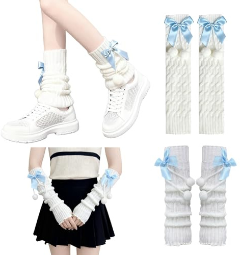 LUJIEBANG White Leg Warmers Y2k, Harajuku Womens Leg Warmers,Lolita Knit Thigh High Legwarmers with Bows Socks for Women(Blue)
