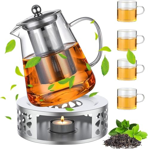 Tekanna med värmare-set, 1 300 ml tekanna av glas med sil i rostfritt stål och 4 tekoppar av glas, värmebeständiga kaffekannor borosilikatglas tebryggare för löst te, fruktte och tepåsar