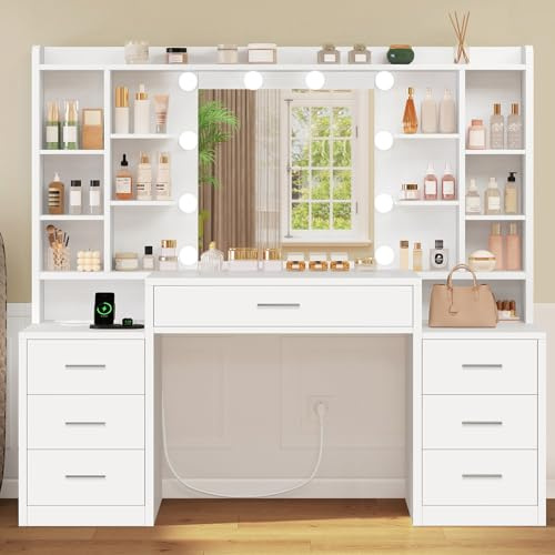 TEENFON Grande Coiffeuse, Coiffeuse avec Miroir et Prise, Éclairage LED, 3 Couleurs, Luminosité Réglable, Blanc, 7 Tiroirs, 8 Étageres, Moderne