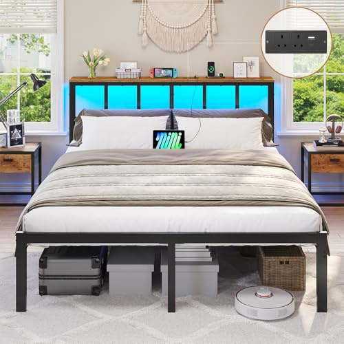 Brinlawb Double Bed Frame with Power Strip & LED Lights, Stable and Sturdy Metal Double Bed Frame with Headboard, 135x190cm Double Bed, 4FT6 Platform Bed Frame, No Box Spring Needed, Easy to Assemble