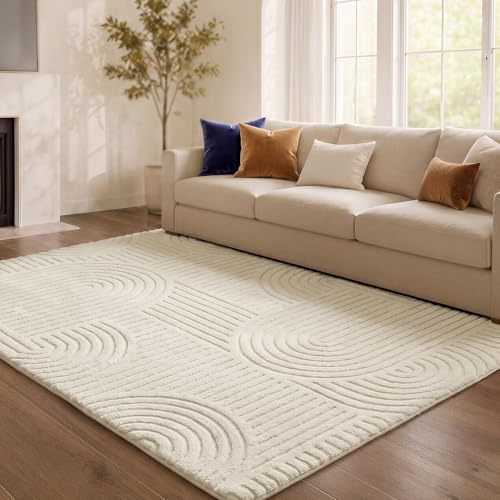 SONGMICS Alfombra con Diseño Geométrico 3D, Pelo Alto y Bajo, Base Antideslizante, Lavable a Máquina, 230 x 160 x 1 cm, Blanco, para Salón y Dormitorio, Colección Hila TAR134WZ02