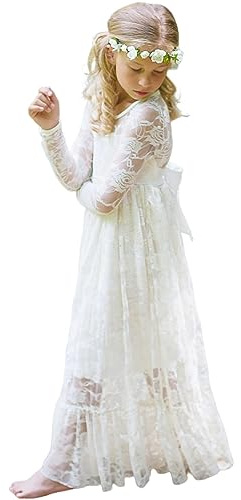 ABaoWedding Fancy Ivory White Lace Flower Girl Dress Boho Rustic First Communion Gowns(Size 8,White)