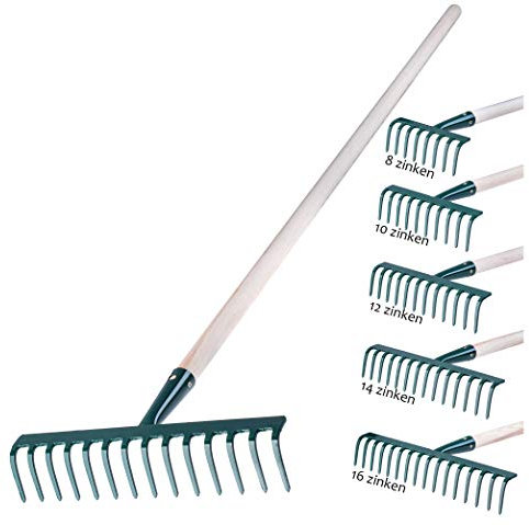 KADAX Râteau en Métal, Râteau Plat avec Manche en Bois, Râteau à Feuilles pour Jardin, Parterre, Râteau à Feuilles, Râteau à Pelouse, Vert, Outil de Jardinage, Outil de Jardinage(14 Dents)