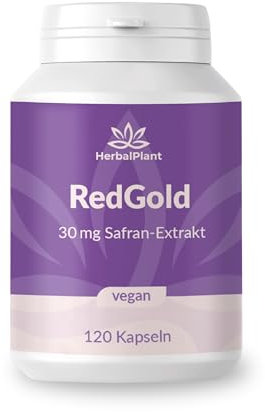 HerbalPlant RedGold Safran-Extrakt Kapseln - Natürlicher Stimmungsaufheller hochdosiert - pflanzliches Crocin & Safranal - 100% vegan - Laborgeprüft - 120 Safrankapseln als Vorrat für 4 Monate
