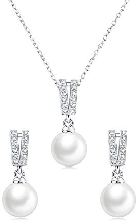 Huacan Schmuck Set Damen 925 Sterling Silber Ohrringe mit Perlen Anhänger Halskette Süßwasser-Zuchtperle Pendant Schmuckset CZ Geschenke Für Braut Brautjungfer Hochzeit