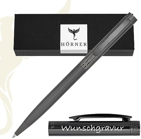 Hörner Levio Kugelschreiber mit Gravur | Hochwertiger Stift schwarz silber | Schreibfarbe Blau 1 mm | Aus Metall | edles Schreibset mit Etui I Dokumentenechter Stift für Vielschreiber
