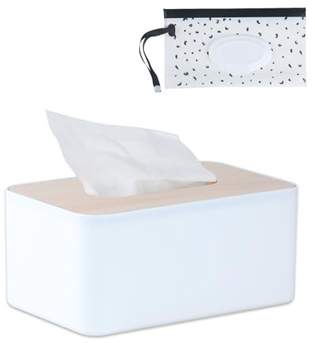 Boîte à mouchoirs et lingettes humides, rechargeable, en plastique, couvercle en bois, pour salle de bain, chambre à coucher, bureau, cuisine (blanc)