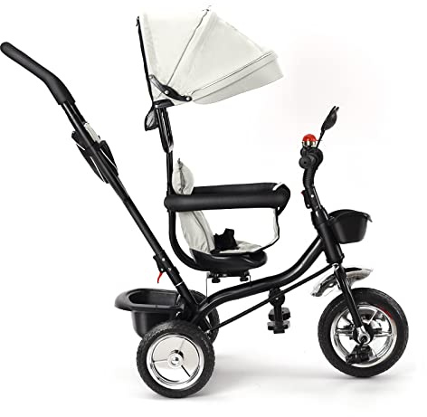 Triciclo de bebé escalable 4 en 1, triciclo de bebé escalable con mango de empuje ajustable, bastón, campana y espejos, arnés de seguridad de 9 meses a 5 años, bicicleta bebe para niños (gris)