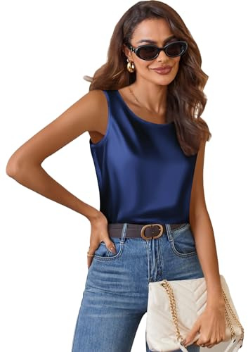 Zeagoo Top en satin pour femme élégant haut basique en soie haut à col rond débardeur décontracté sans manches chemisier en satin S à XXL, Bleu marine, M