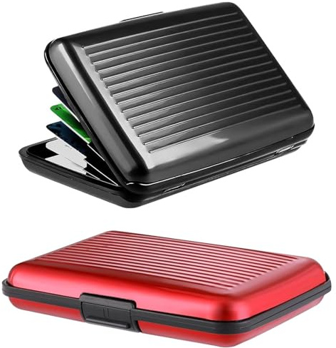 2 Pieces Credit Card Holder, Card Protector, Metal Card Holder, for Minimalist Women Men Credit Card Protector Card Protector Card Case, Wallet with 6 Slots, Compact and Convenient(Black, Red)