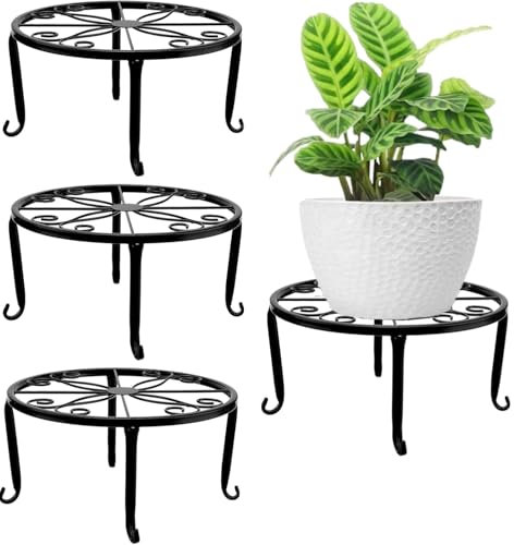 LATERN 4 Pezzi Supporti per Piante in Metallo, 23CM Supporto per Vasi di Fiori Resistenti Supporto per Contenitori Ripiano Rotondo in Ferro Antiruggine per Casa Esterno Patio Giardino Decorazione
