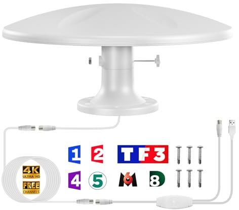 Antenne DTB DVB-T/DVB-T2 – pour Utilisation en extérieur, Longue portée de Plus de 200 km, amplificateur amélioré VHF-VHF-Dab HDTV pour extérieur/loft/Camping-Car/Caravane (Blanc (antenne RV))