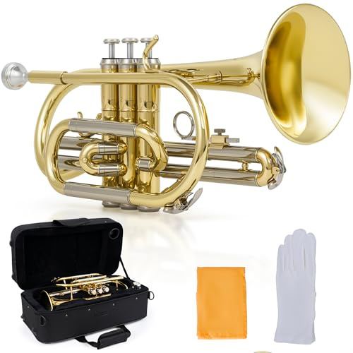 AKLOT Player-Friendly Bb Cornet Kit: Warm Tone with Gold Brass Leadpipe, Hand-Hammered Bell, Smooth Valve Action, Includes Hard Case, Mouthpiece, Gloves, Cloth – Great for Jazz, Marching & Students