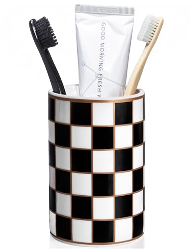 Checkered Bathroom Toothbrush Holder, Bathroom Black and White Ceramic Toothbrush Holder, Modern Toothbrush Box, Used for Bathroom countertop Storage Rack, Checkered Bathroom Decoration (Black)
