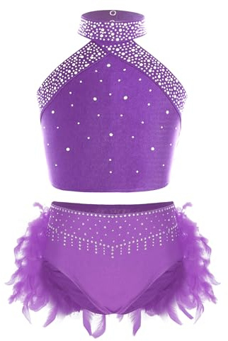 Hedmy Traje Brillante de Baile para Niñas Crop Top de Cuello Halter sin Espalada y Mallas Ballet de Cortos con Plumas Traje de Patinaje Artístico Ropa de Danza Morado 7-8 años
