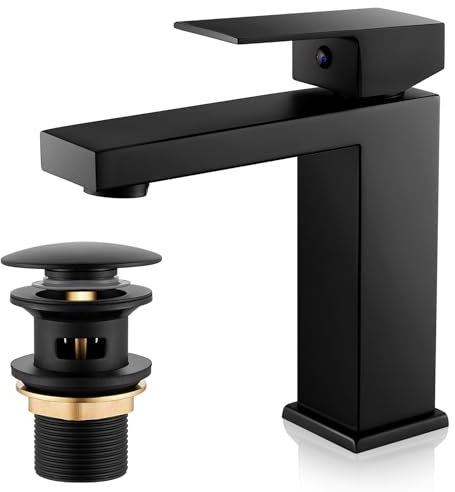 Mitigeur Lavabo Noir, Robinet Cascade Salle de Bain, Mitigeur Lavabo Monocommande avec Bonde de Lavabo Pop-up, Moderne Robinetterie Noir, G 3/8