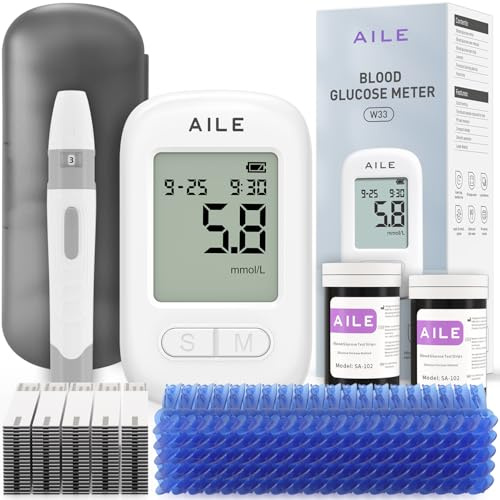 AILE Blood Glucose Test Kit for Diabetes: 100 Glucometer Strips, 100 Lancets, 1 Meter for Home Use Portable Blood Sugar Monitor Testing Kits Diabetics Meter - UK Glucometer (W33)