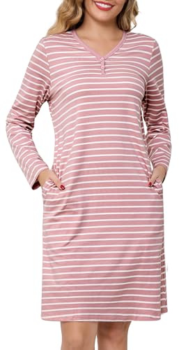 Lovasy Camicia da Notte in Cotone Donna Invernale Maniche Lunghe | Abito da Notte Allattamento con Scollo a V Righe Pigiama Vestaglia Bottoni Davanti con Tasche