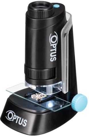 Optus Taschenmikroskop mit LED Beleuchtung, 40x-120x Vergrößerung, Standfuß & Objektklemmen - Kompaktes Handmikroskop für Unterwegs, Batteriebetrieben