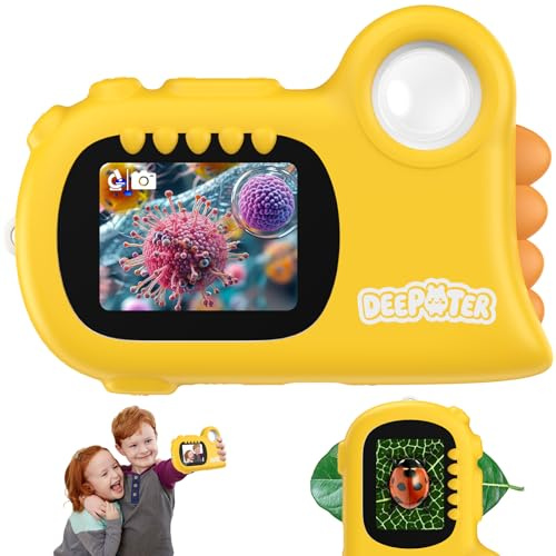 2 en 1 Microscopio Portátil para Niños, Deepoter 1080P Microscopios de Bolsillo, 2.0 IPS, 8 Luces LED, 1000X Microscopio Portátil con Grabación de Fotos y Videos para Cumpleaños/Navidad, Amarillo
