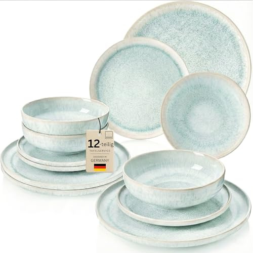 SÄNGER | Geschirrset Paros 12 tlg, Tafelservice 4 Personen, Steingut Geschirr Handmade, Teller Set inkl. Essteller Dessertteller Tiefe Teller, Essgeschirr Türkis Farben mit Sandiger Maserung