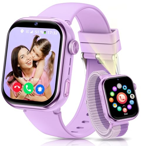 RUXINGX 4G Smartwatch Kinder mit GPS und Telefonanruf, Kinderuhr mit IP68 Wasserdicht, Zwei-Perspektiven, Voice Chat, Taschenlampe, Schulmodus, Schrittzähler, Wecker für Jungen Mädchen, Lila