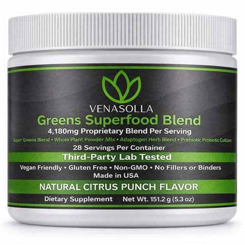 Venasolla Super Greens Powder - Citrus Punch Flavor - Made with Organic Plant Ingredients, Spirulina, Prebiotic Fiber, Probiotic Culture & Ashwagandha - 28 Servings - Third-Party Tested
