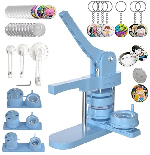 Pin Maker, Button Maker Machine Multiple Sizes (1+1.25+2.25'') with 300 Buttons, 30 Fridge Magnets, 10 Bottle Openers, 10 Keychains, 3 Circle Cutters, Button Badge Makers (353 Pcs, Blue)