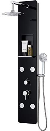 Pannello doccia idromassaggio soffione colonna vetro/pvc nero multigetti orientabili. Bacco